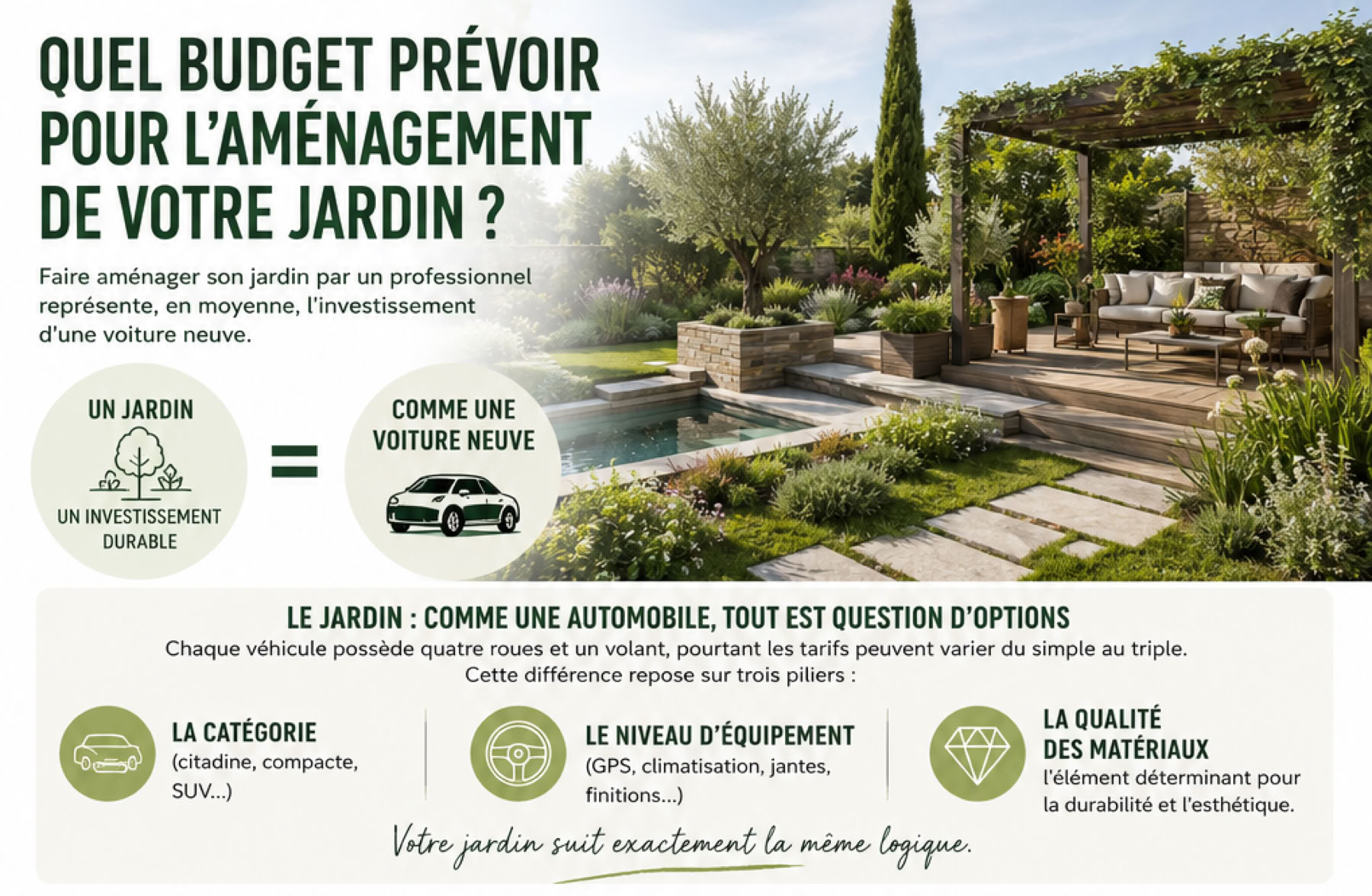 Image contenant du texte sur le budget pour l'aménagement d'un jardin, avec une photo d'un jardin paysager à droite. Il y a des icônes et des sections de texte expliquant les options de jardinage, comparées à l'achat d'une voiture.