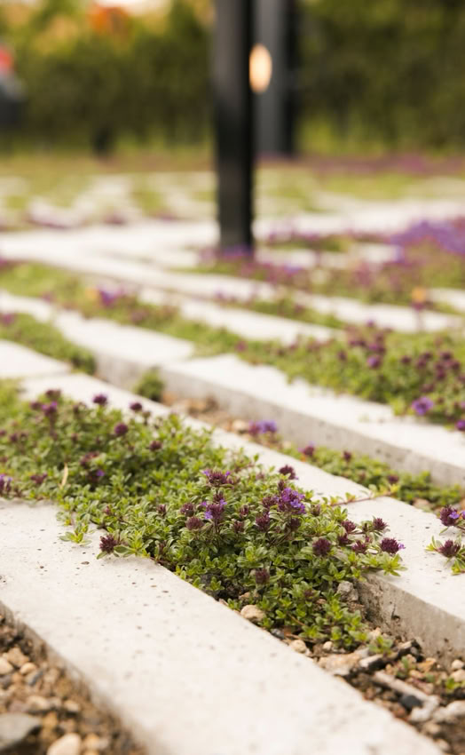 Plantes vertes et violettes poussant entre des dalles de béton alignées.