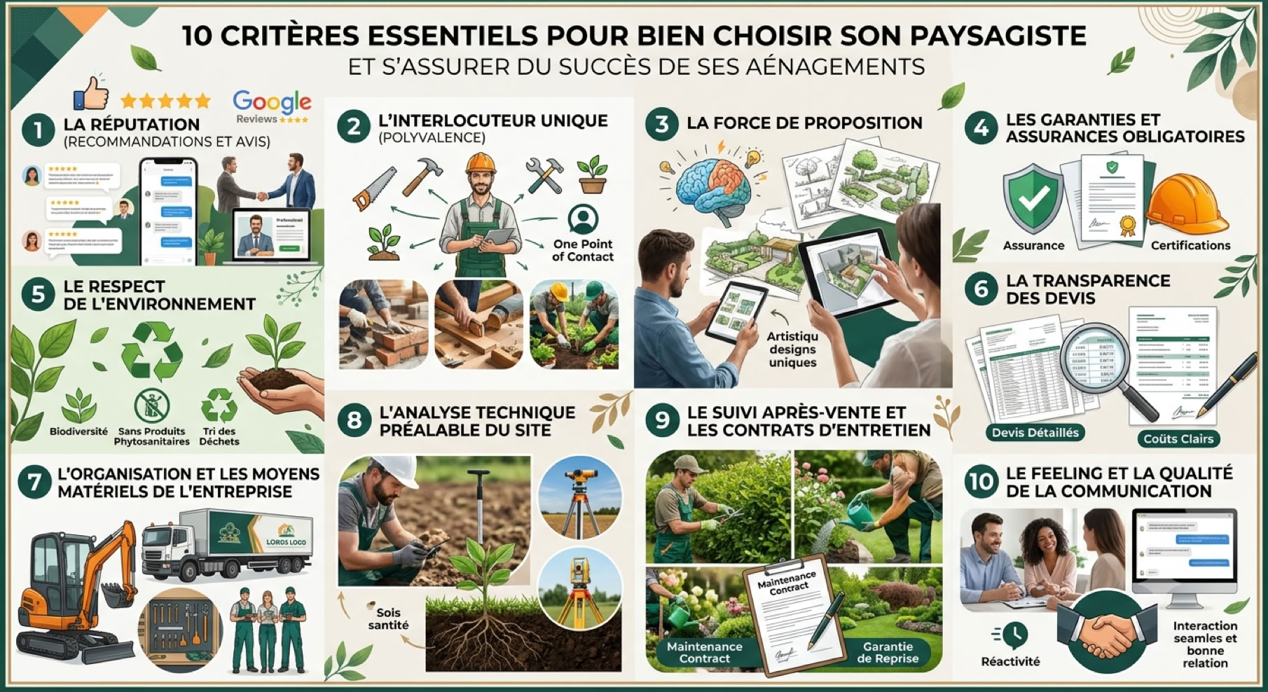 Infographie avec des illustrations et du texte décrivant 10 critères pour choisir un paysagiste, incluant des outils de jardinage, des plantes, des personnes travaillant, et des icônes symboliques.