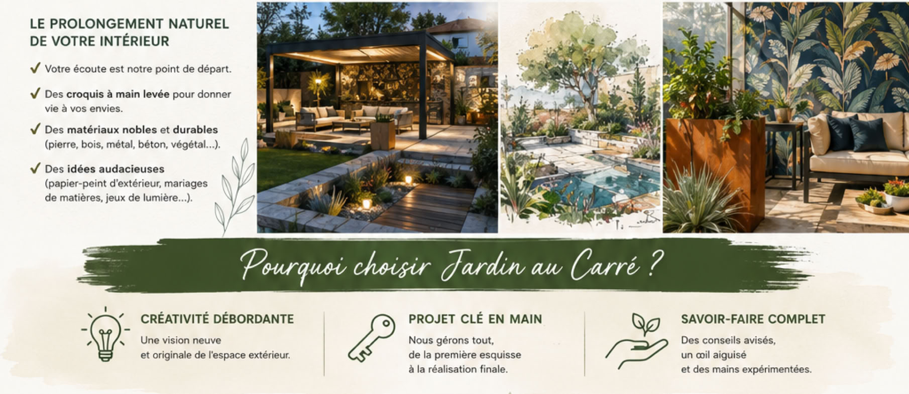 Image contenant du texte en français sur les avantages de choisir un service de jardinage, avec des images de jardins aménagés et des icônes illustrant des concepts tels que des conseils personnalisés, un projet clé en main, et un service complet.