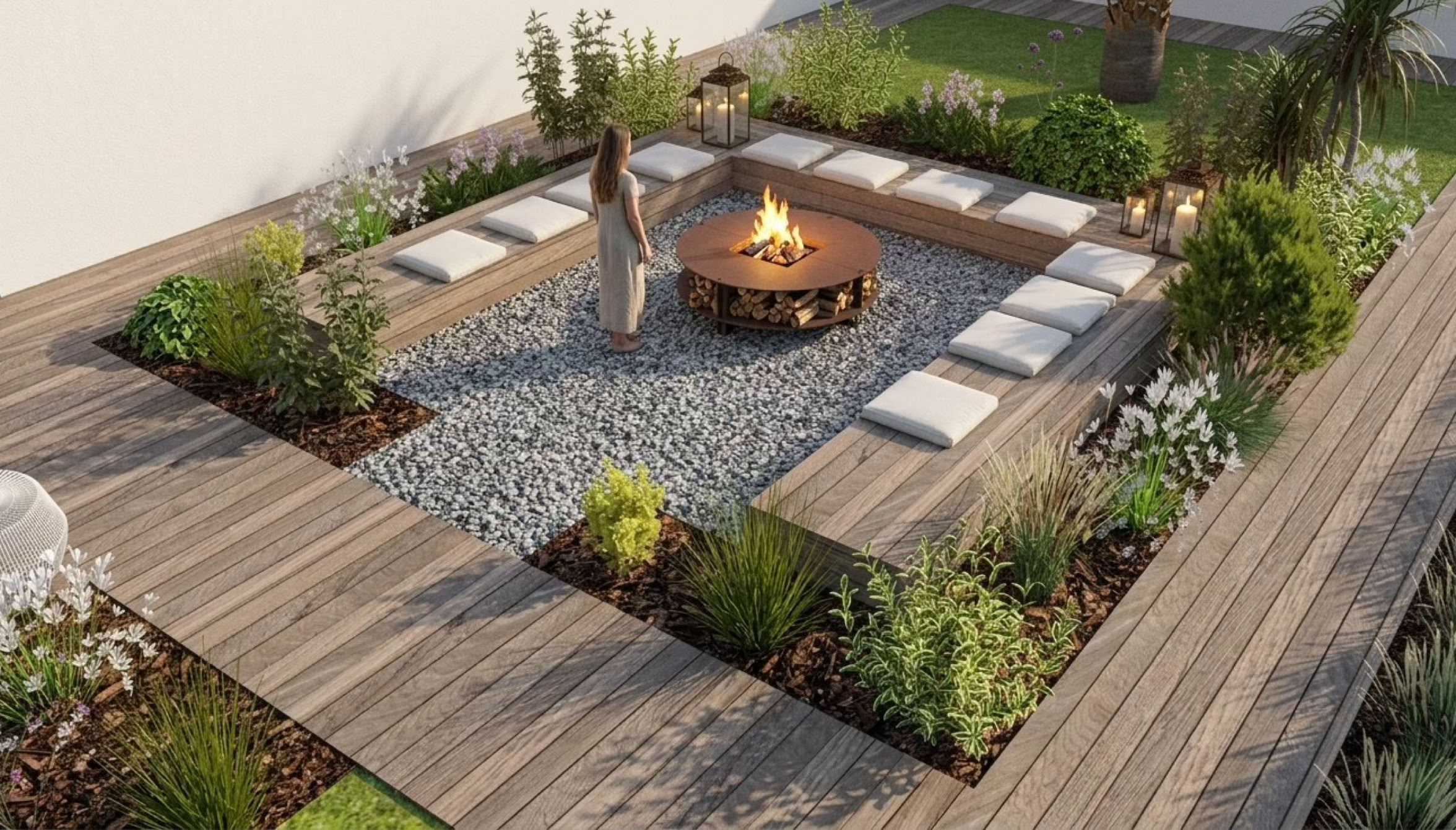 Un jardin avec un braséro central entouré de bancs en bois et de coussins, des plantes et des arbustes autour, et une personne debout près du foyer.