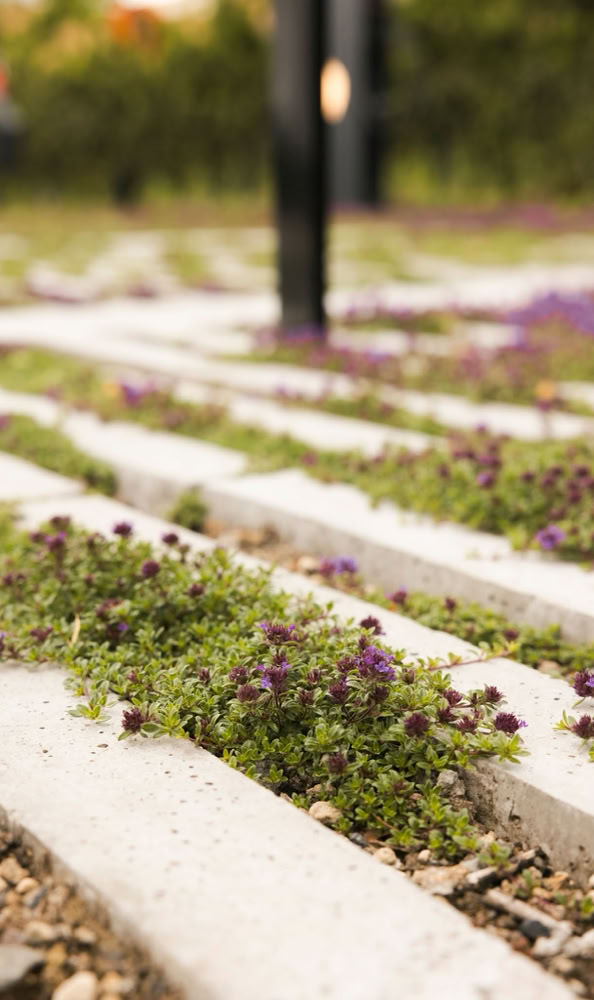 Plantes vertes et violettes poussant entre des dalles de béton alignées.